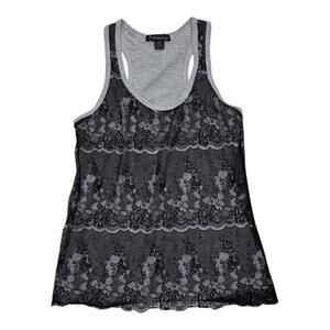 2000s Forever 21 gray tank top with black lace overlay